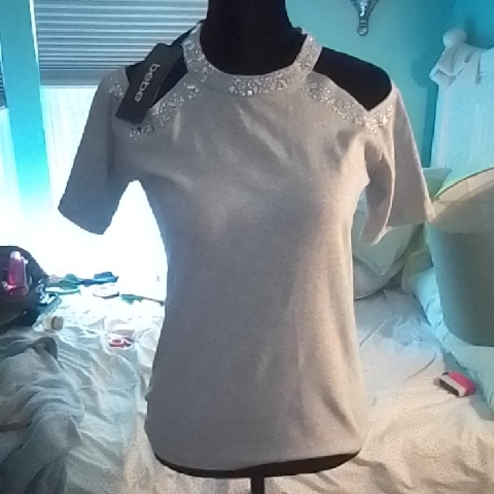 Bebe Gray Top With Cut Out design & Rhinestones